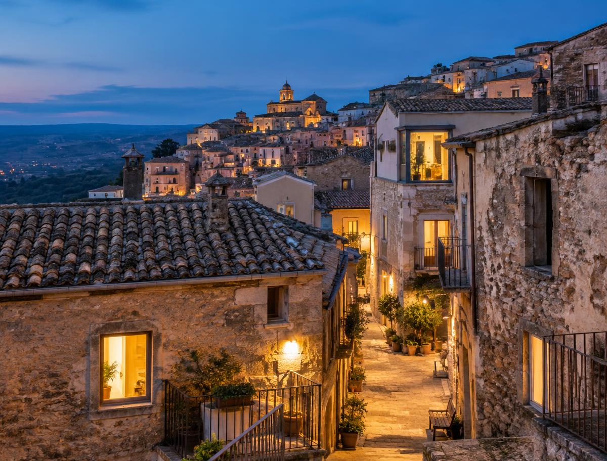 Troina historic center at dusk